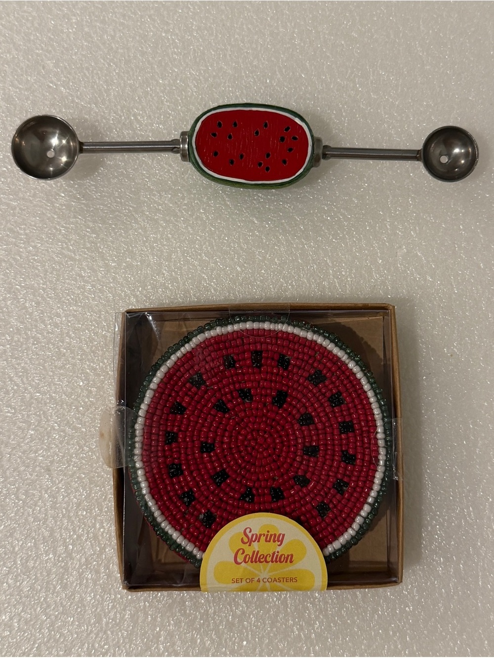 Watermelon Shaped Melon Baller + Watermelon Slice Beaded Coasters